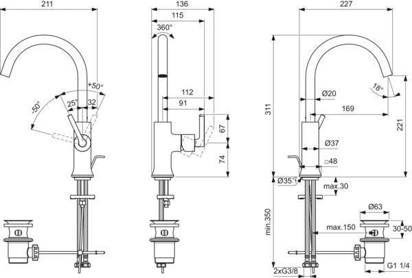 Ideal Standard Joy Neo Waschtischarmatur mit Ablaufgarnitur, 169 mm Auslauf, Chrom