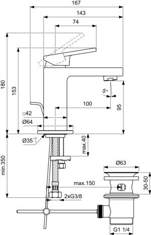 Ideal Standard Waschtischarmatur Piccolo Extra Ausladung 100mm mit Ablaufgarnitur Silver Storm