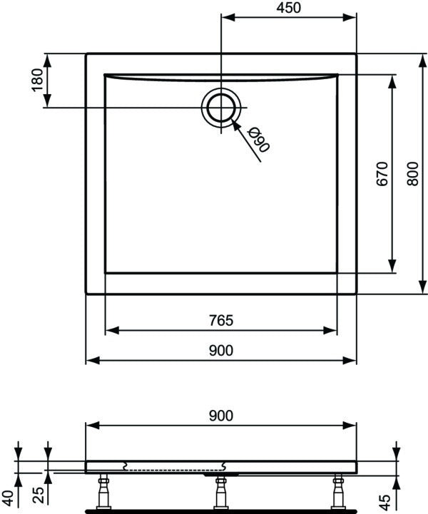 Ideal Standard Ultra Light Rechteck-Brausewanne 900x800x45 mm in Weiß – Flacher Einbau, Sanitäracryl