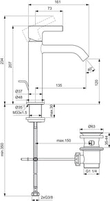 Ideal Standard Joy Grande Waschtischarmatur 135 mm mit Ablaufgarnitur Brushed Gold