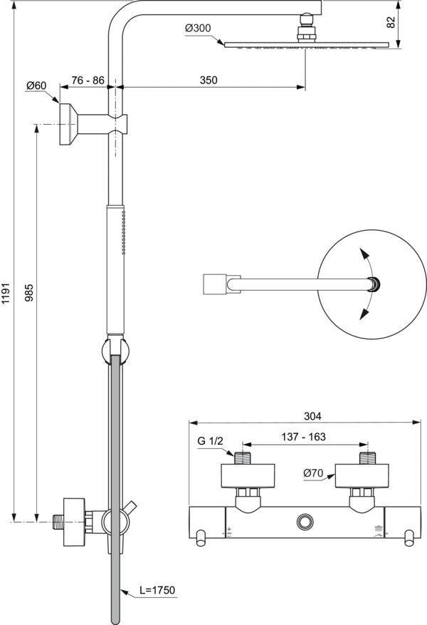 Ideal Standard Duschsystem Ceratherm T125 mit Badethermostat und Regenbrause in Brushed Gold