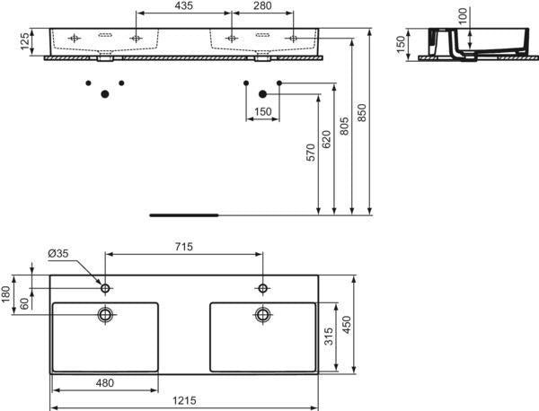 Ideal Standard Doppel-Waschtisch Extra 1215 mm, 2x 1 Hahnloch, mit Überlauf, Weiß