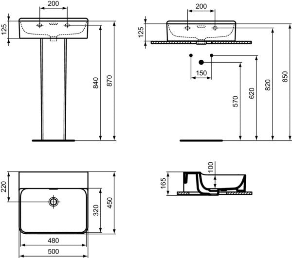 IDEAL STANDARD Conca Aufsatzwaschtisch 500x450x165 mm, geschliffen, Weiß, ohne Hahnloch