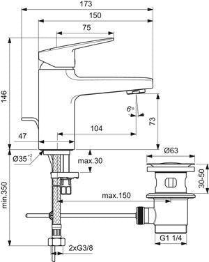 Ideal Standard Ceraplan Waschtischarmatur H75 mit Ablaufgarnitur, Ausladung 104 mm, Chrom, Easyfix