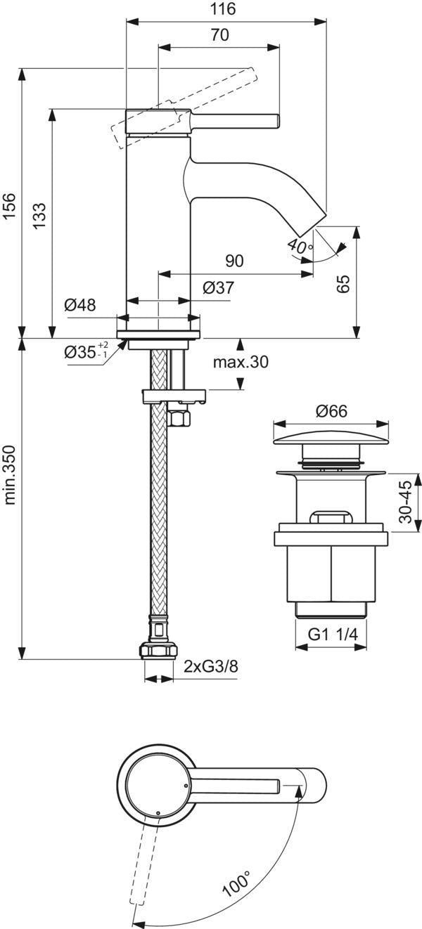 IDEAL STANDARD Ceraline Nuovo Waschtischarmatur 90 mm mit Push-Open Ventil in Chrom