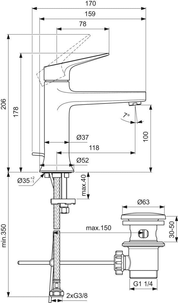 Ideal Standard La Dolce Vita Waschtischarmatur mit Ablaufgarnitur, Chrom, Heißwasser-Sparfunktion