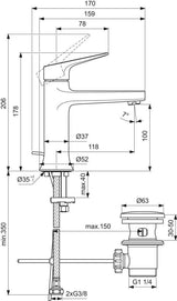 Ideal Standard La Dolce Vita Waschtischarmatur mit Ablaufgarnitur, Chrom, Heißwasser-Sparfunktion