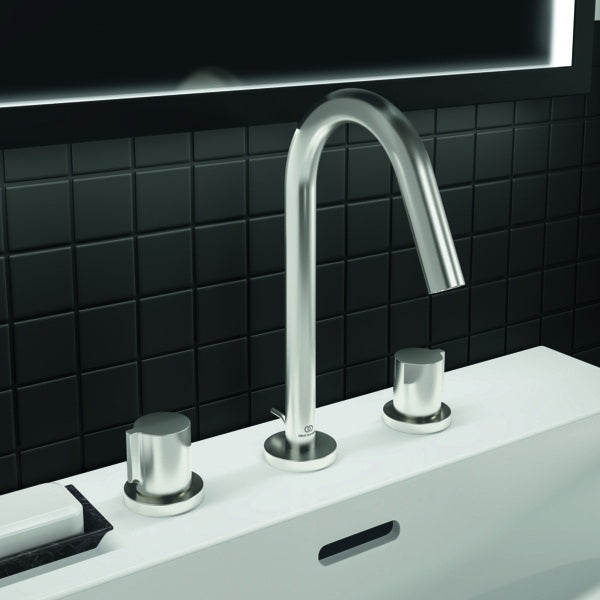 Ideal Standard Joy 3-Loch Waschtischarmatur in Brushed Gold mit Ablaufgarnitur, 127 mm Ausladung