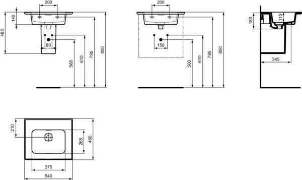 Ideal Standard Möbelwaschtisch Strada II 540x460mm Weiß ohne Hahnloch mit Überlauf