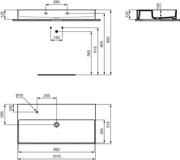 Ideal Standard Solos Waschtisch 1015 mm, 1 Hahnloch links, weiß geschliffen, ohne Überlauf