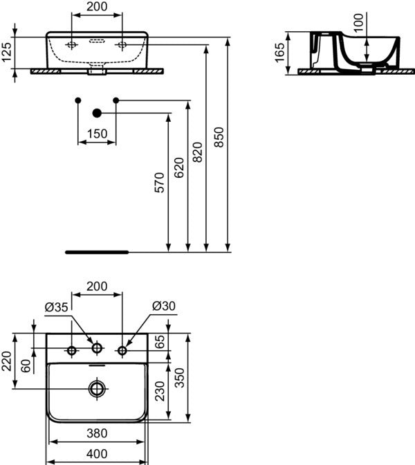 Ideal Standard Handwaschbecken Conca 400x350x165 mm Weiß mit 3 Hahnlöchern und Überlauf