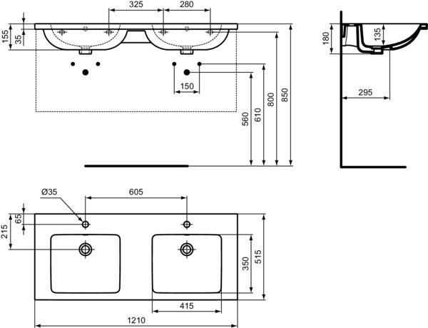 Ideal Standard i.life B Möbel-Doppelwaschtisch 1210 mm Weiß mit Überlauf und 2x 1 Hahnloch