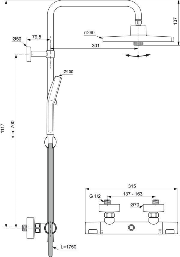IDEAL STANDARD Duschsystem Ceratherm T25+ mit Thermostat, Kopf- und Handbrause, Chrom