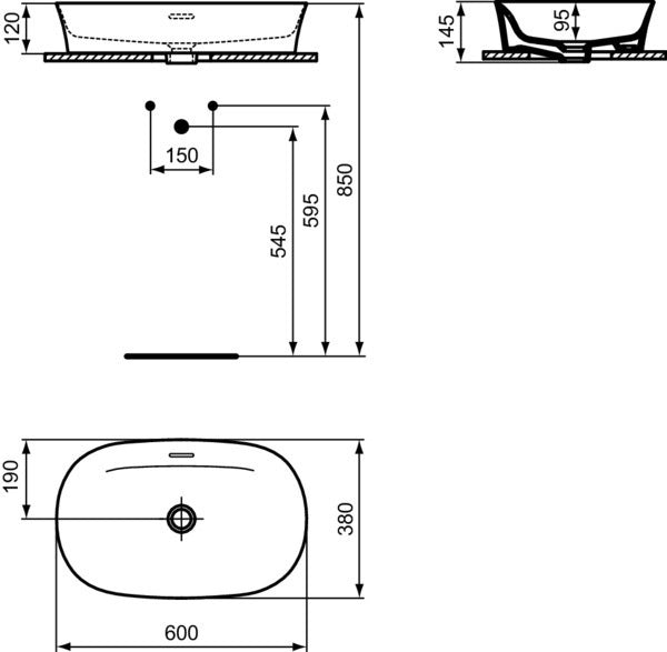 Ideal Standard Ipalyss Waschtisch-Schale 600x380x145 mm Weiß, ohne Hahnloch, mit Überlauf