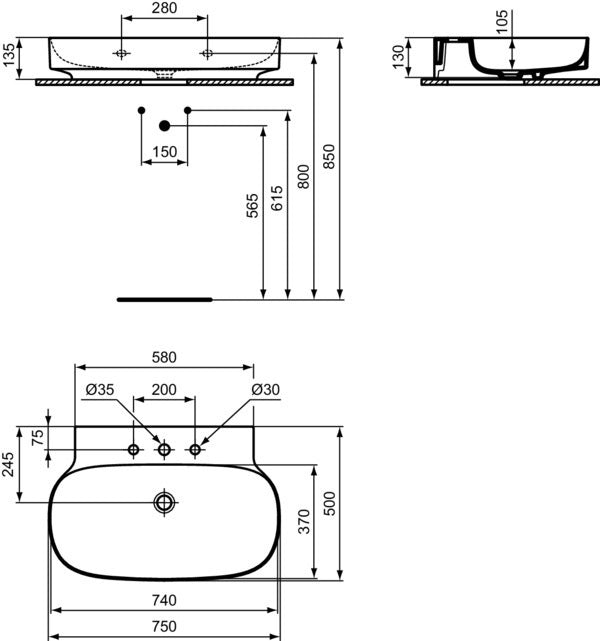 Ideal Standard Linda-X Aufsatzwaschtisch 750x500x135mm Weiß 3 Hahnlöcher ohne Überlauf