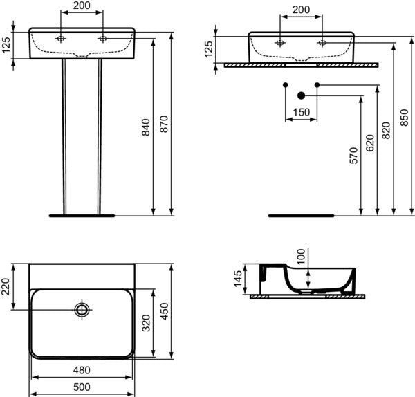 Ideal Standard Conca Aufsatzwaschtisch 500x450x145 mm Weiß, ohne Hahnloch und Überlauf