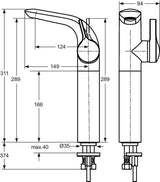 Ideal Standard Melange Waschtischarmatur Chrom, ohne Ablaufgarnitur, verlängerter Sockel, Ausladung 149 mm