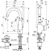IDEAL STANDARD Ceraflex Waschtischarmatur 146 mm mit hohem Auslauf und Ablaufgarnitur in Chrom