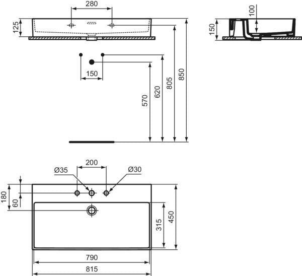 Ideal Standard Extra Aufsatzwaschtisch 815 mm, 3 Hahnlöcher, mit Überlauf, Weiß