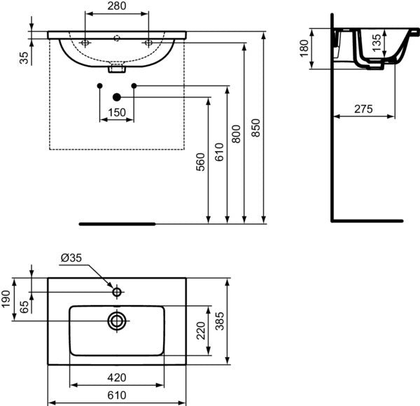 Ideal Standard i.life S Möbelwaschtisch 610 mm, 1 Hahnloch, mit Überlauf, Weiß