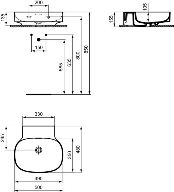 Ideal Standard Linda-X Aufsatzwaschtisch 500x480mm Weiß ohne Hahnloch mit Überlauf
