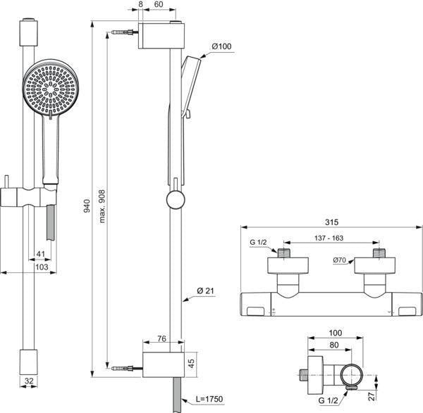 IDEAL STANDARD Brausekombination Ceratherm T25 N 900 mm mit Thermostat, 2-Funktions-Handbrause, Chrom