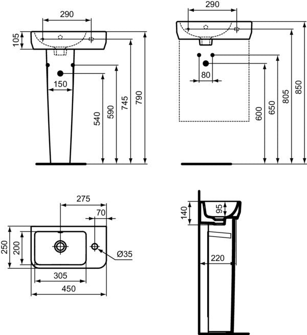Ideal Standard i.life S Handwaschbecken 450x250x140mm Weiß, 1 Hahnloch rechts, mit Überlauf