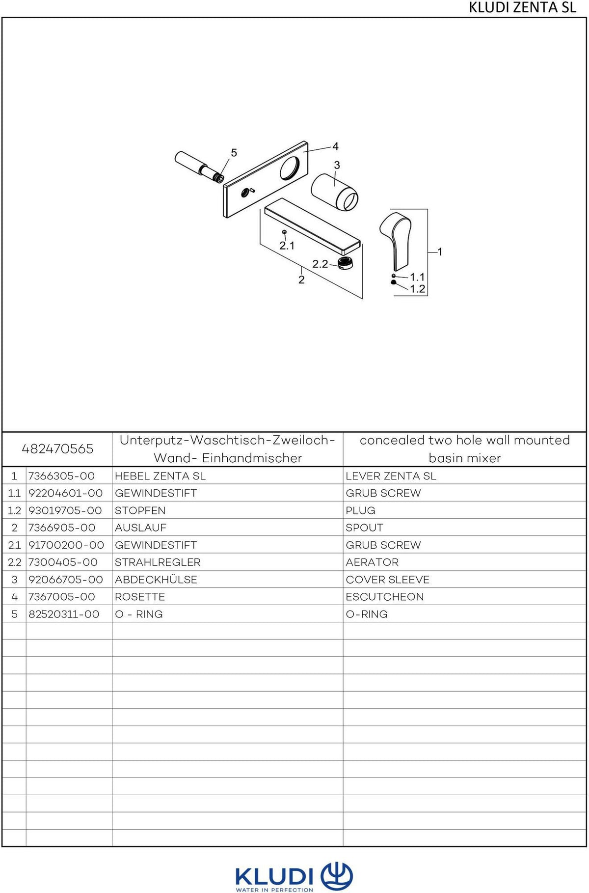 KLUDI ZENTA SL Unterputz-Waschtisch-Einhandmischer Wand-Armatur DN 15 chrom – 2-Loch, Ausladung 180 mm