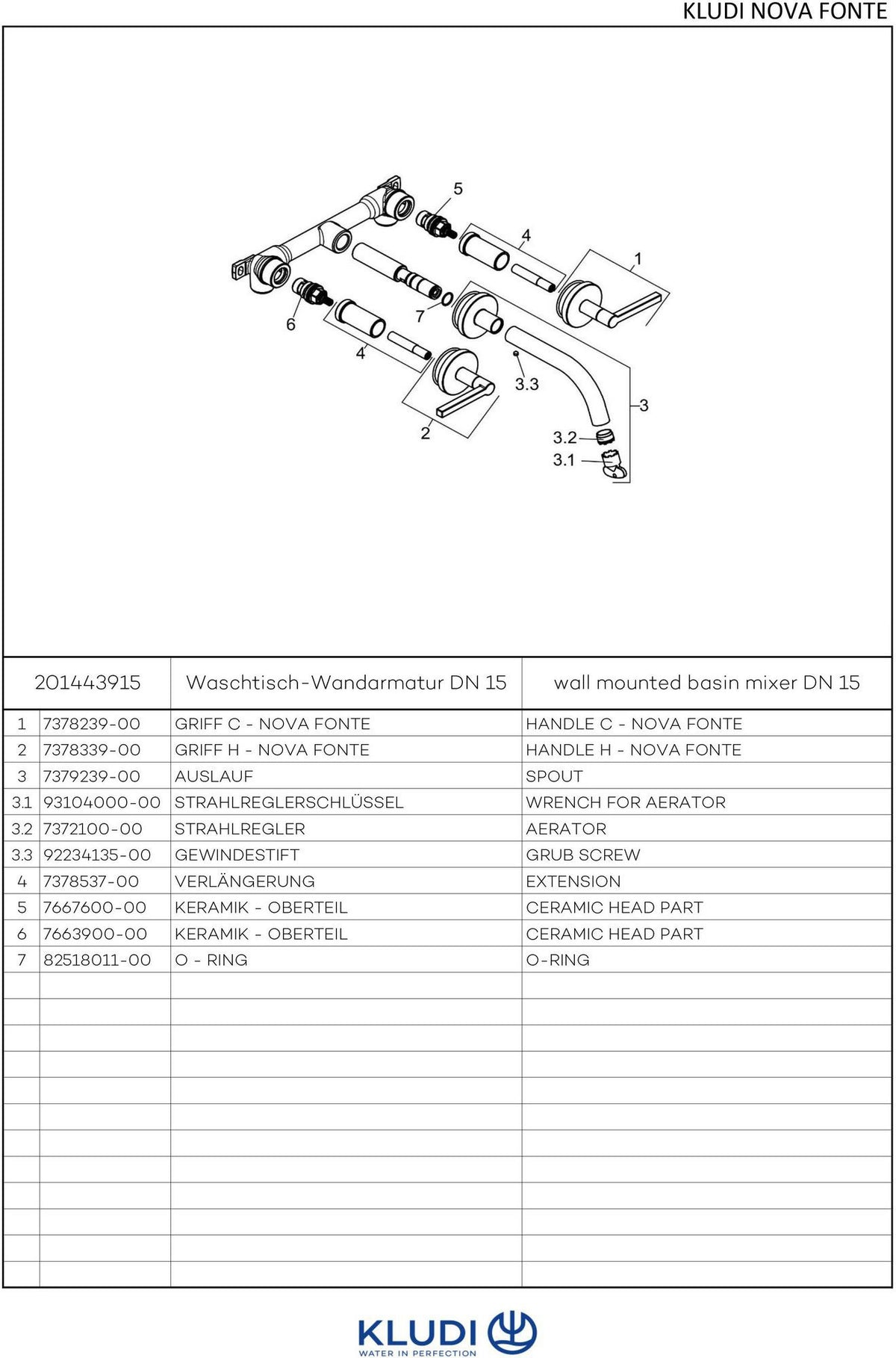 KLUDI NOVA FONTE 3-Loch-Waschtischarmatur PURISTIC UP-Wandmontage 180 mm chrom