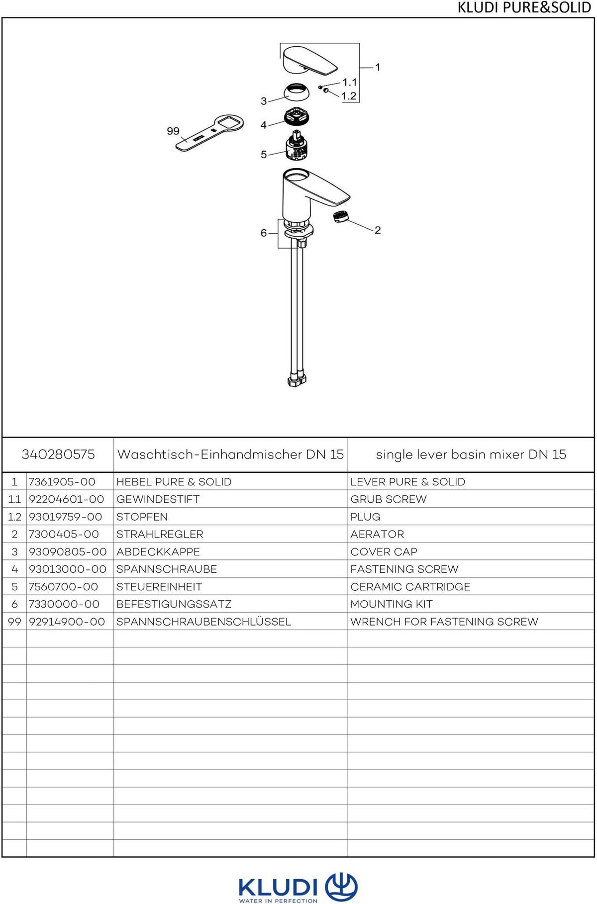 KLUDI PURE & SOLID Waschtisch-Einhandhebelmischer 75 – chrom, ohne Ablaufgarnitur, DN 15