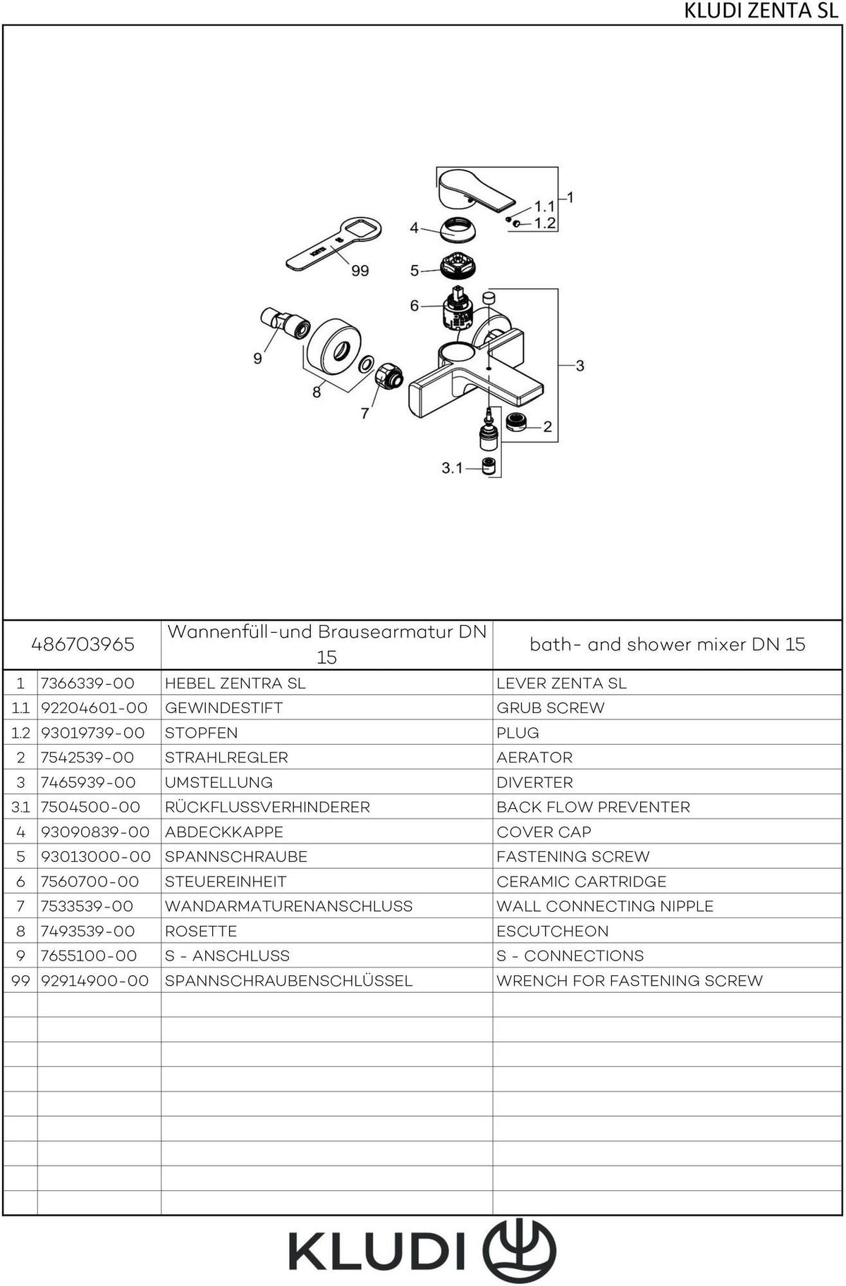 KLUDI ZENTA SL Wannenfüll- und Brause-Einhandmischer DN 15, eigensicher, chrom – Wandmontage