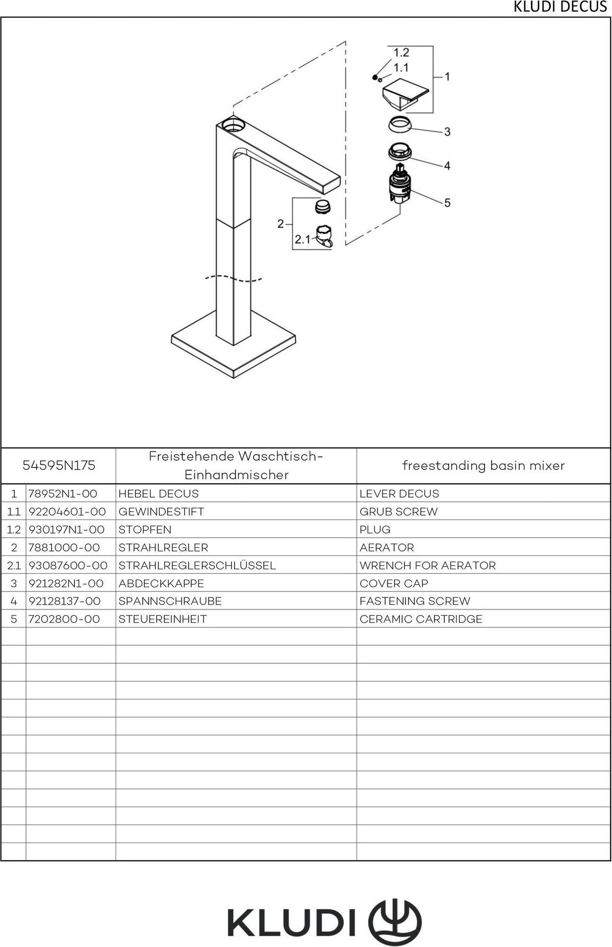 KLUDI DECUS Waschtisch-Einhandmischer freistehend Standmontage chrom – DN 15