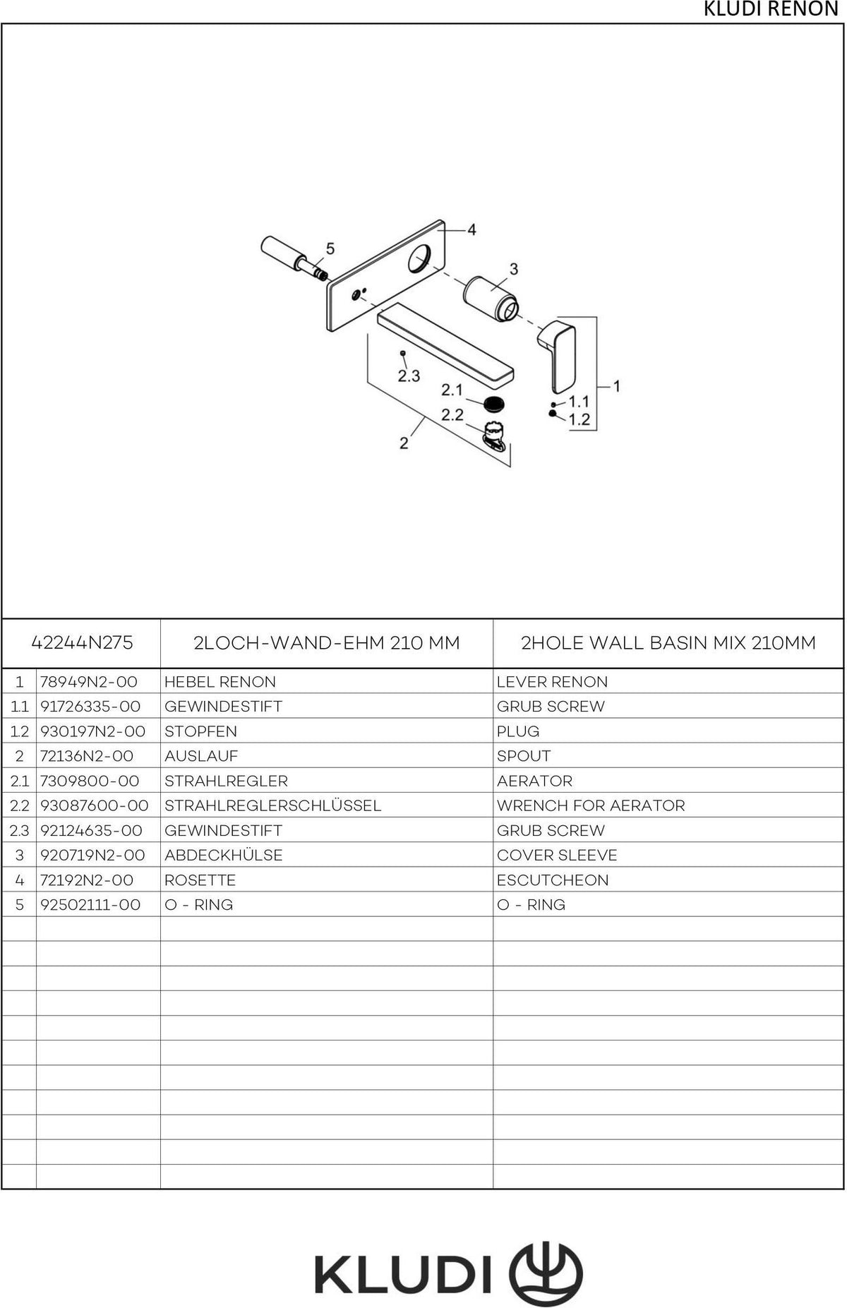 KLUDI RENON 2-Loch-Wand-Einhandmischer 210 mm Chrom – Unterputz-Armatur für Waschtisch