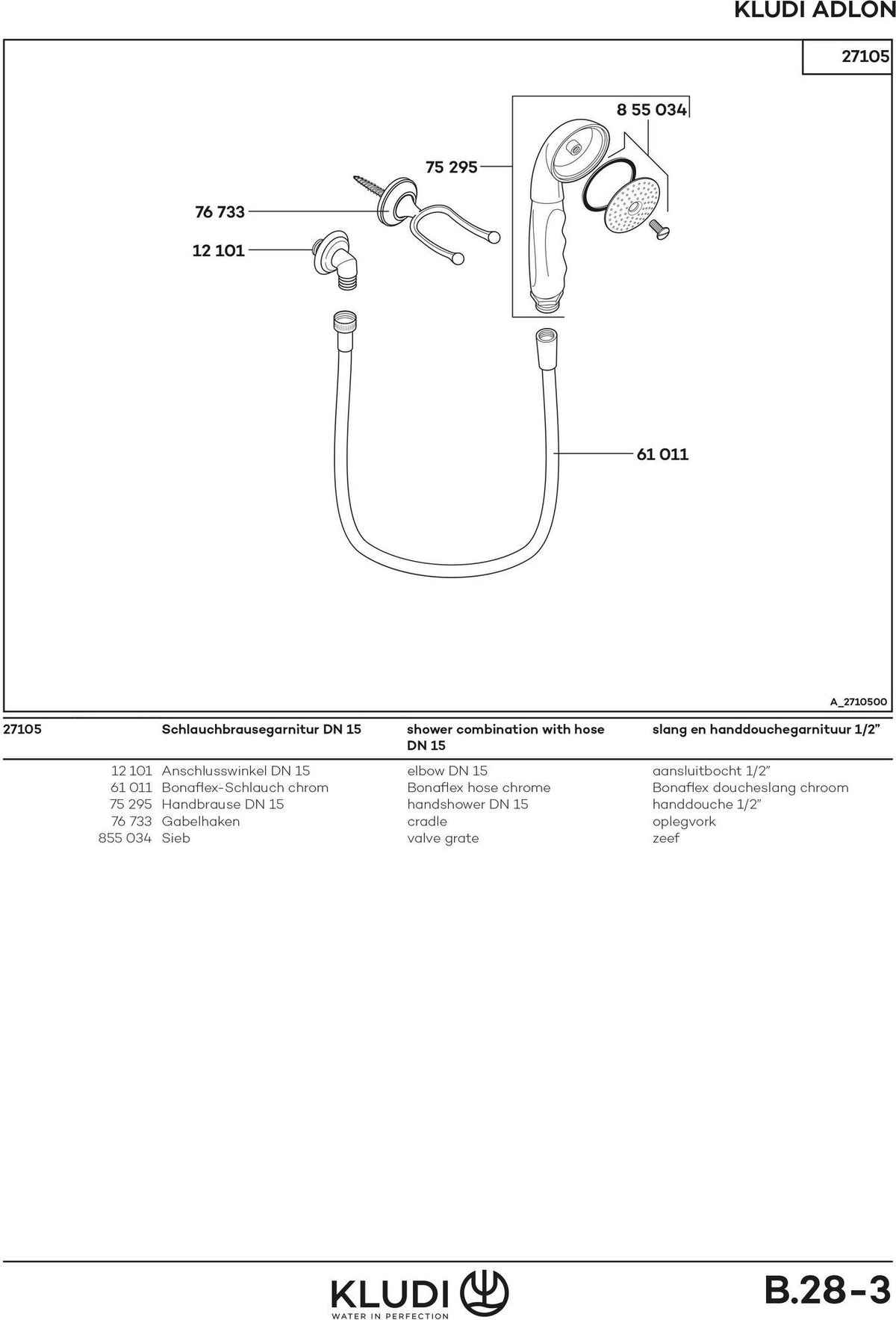 KLUDI 1926 Brausegarnitur Wandmontage chrom – Handbrause, Schlauch 1600 mm, DN 15