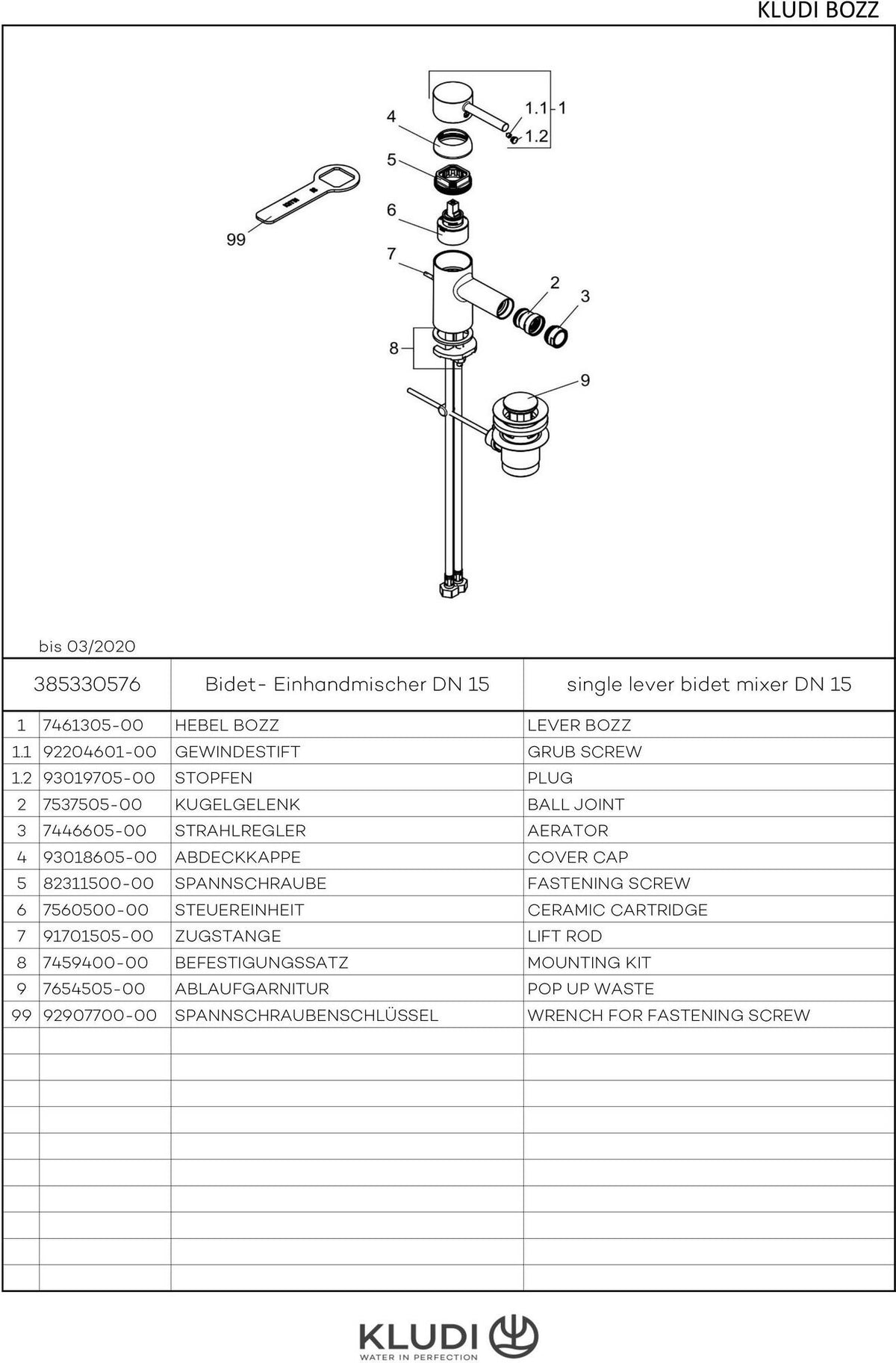 KLUDI BOZZ Bidet-Einhandmischer mit Zugstangen-Ablaufgarnitur, chrom