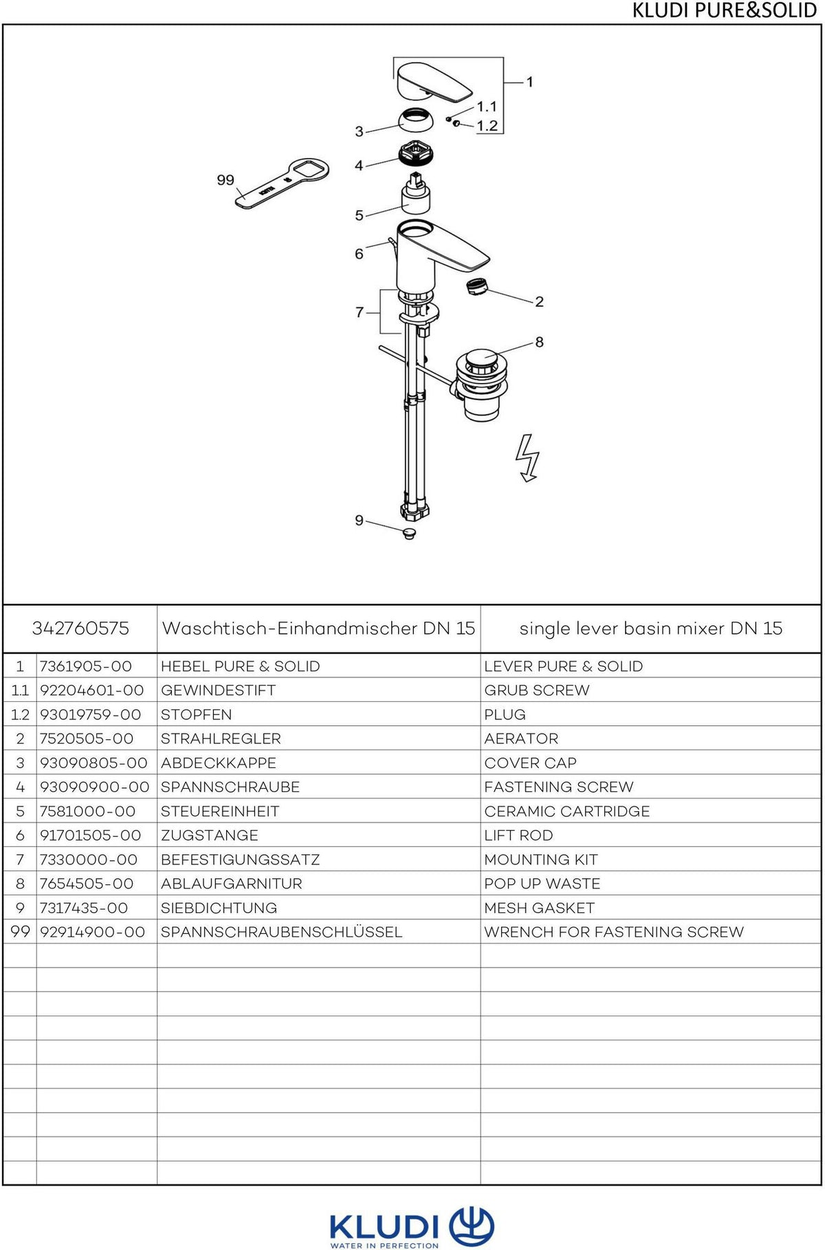 KLUDI PURE&SOLID Waschtisch-Einhandmischer 75 DN 15 Niederdruck mit Metallablaufgarnitur chrom