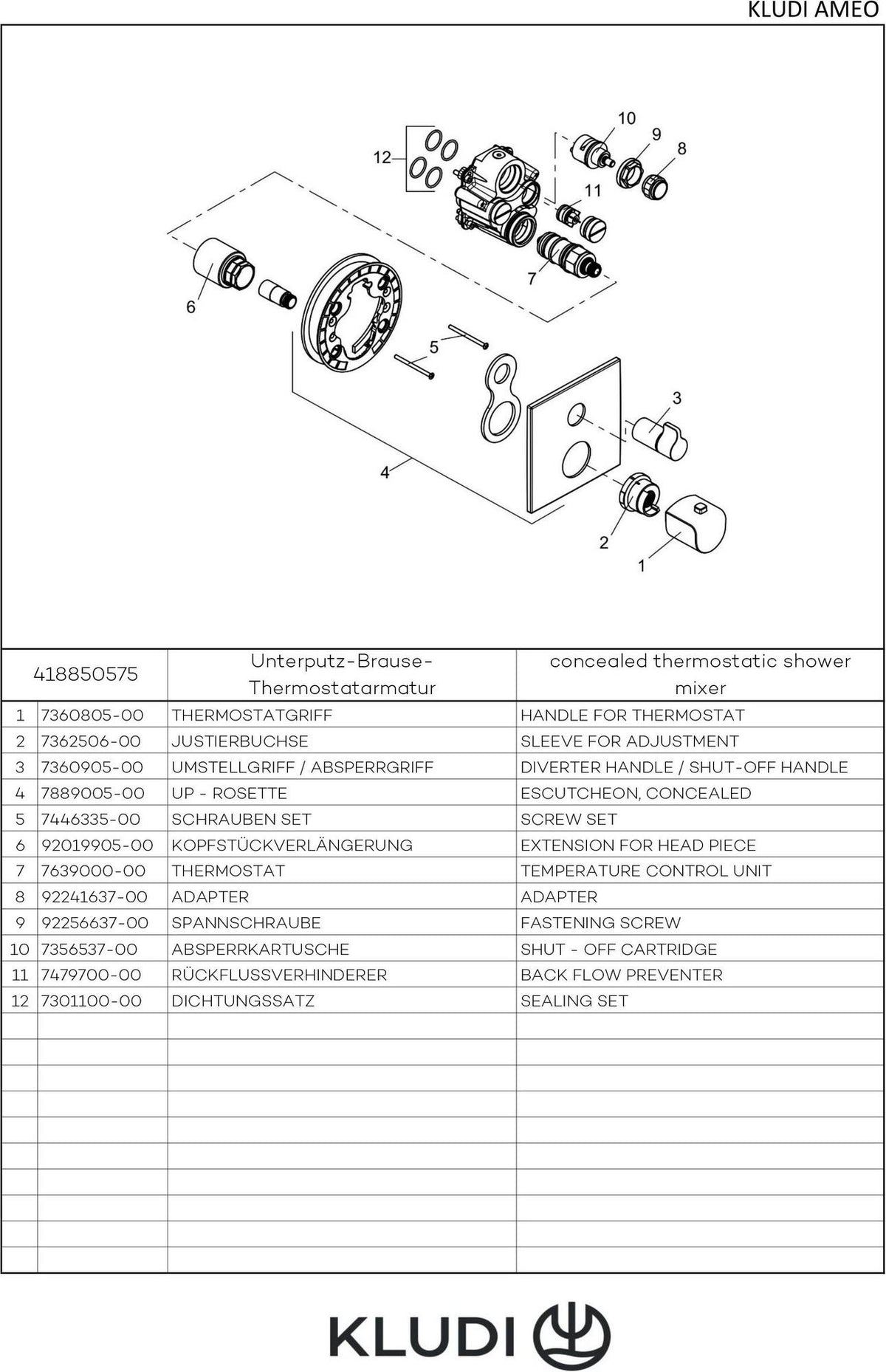 KLUDI AMEO Unterputz-Brause-Thermostat Feinbau-Set mit Absperrventil chrom