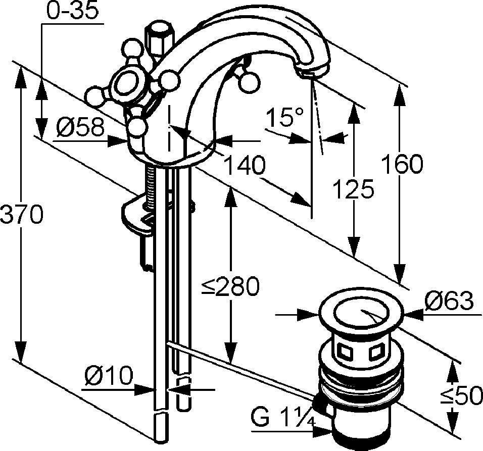 KLUDI 1926 Waschtischarmatur mit Ablaufgarnitur, Ausladung 140 mm, Chrom – Zweigriffbatterie