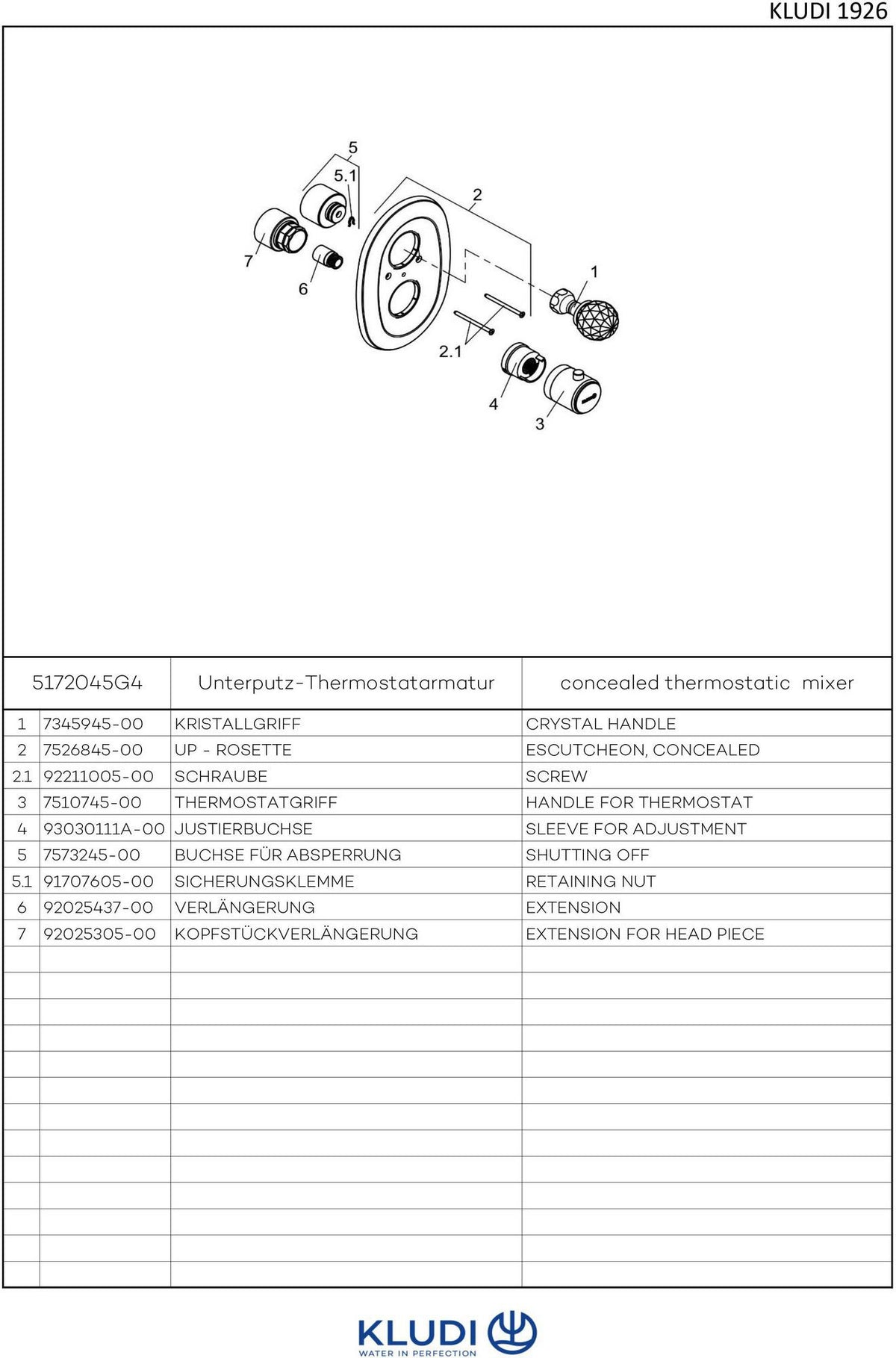 KLUDI 1926 Unterputz-Thermostatarmatur Feinbau-Set mit Absperrventil und Kristallgriff