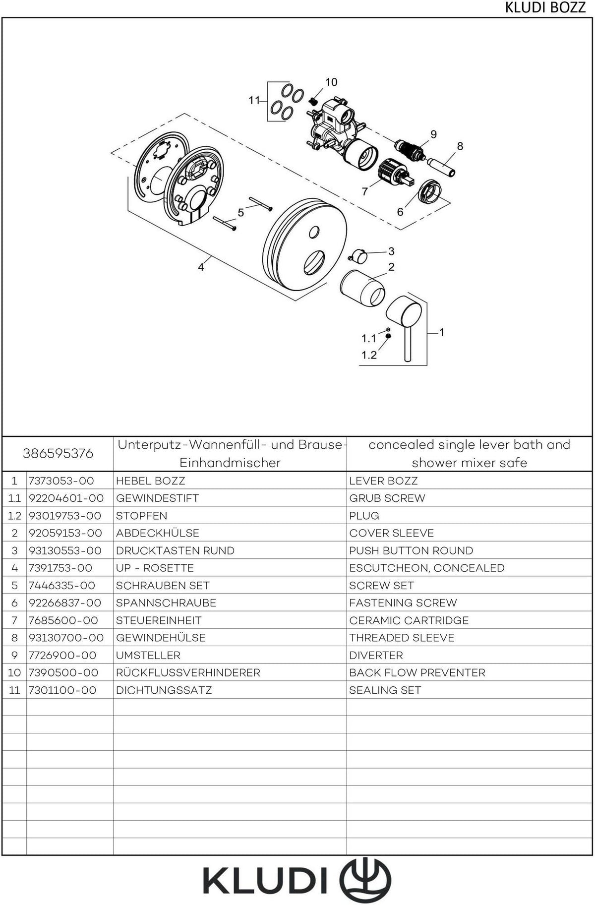 KLUDI BOZZ Unterputz-Wannenfüll- und Brause-Einhandmischer Chrom – Fertigmontageset mit Push&Switch