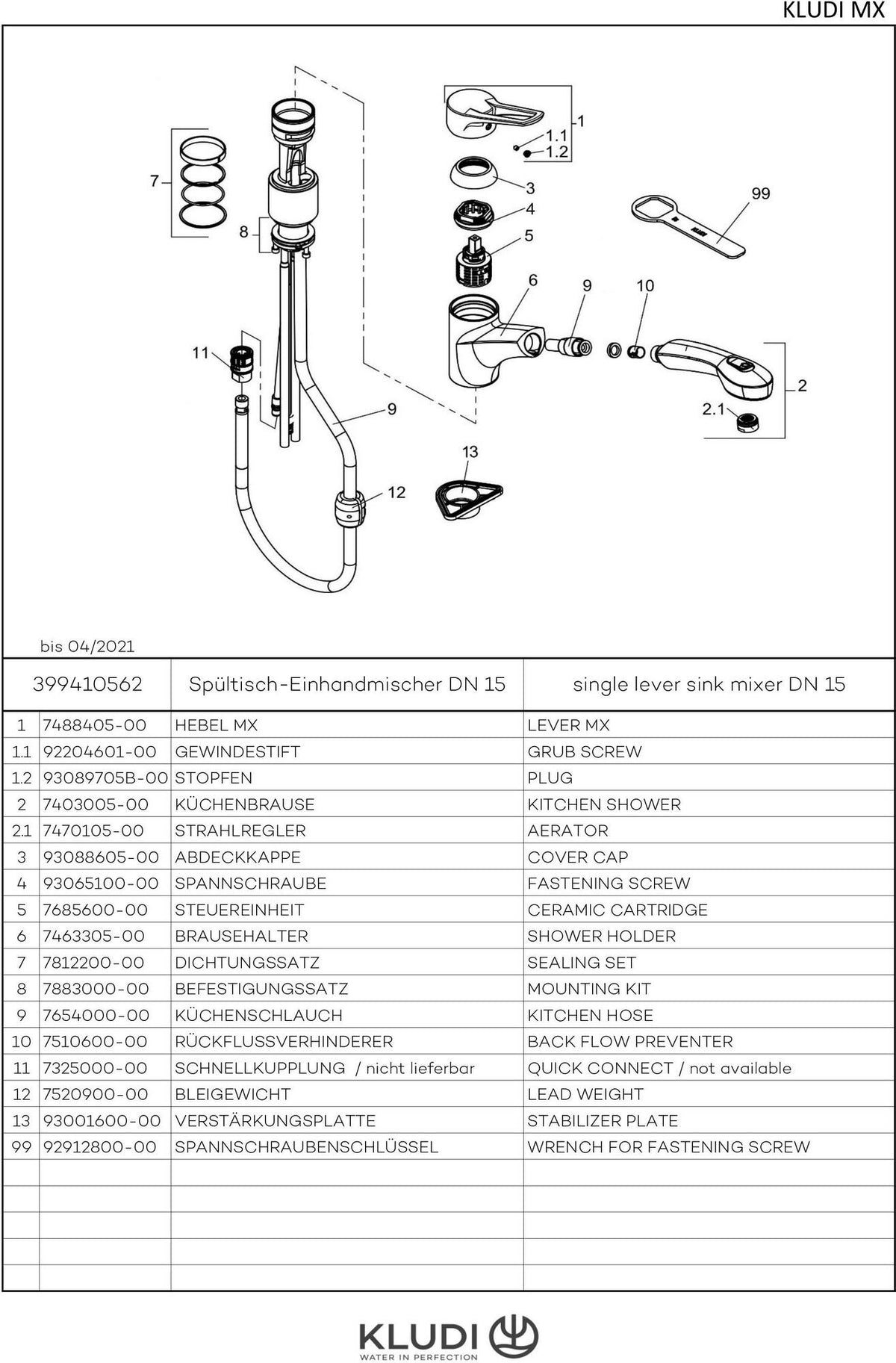 KLUDI MX Spültisch-Einhandmischer DN 15 mit herausziehbarer Geschirrbrause, chrom/mocca
