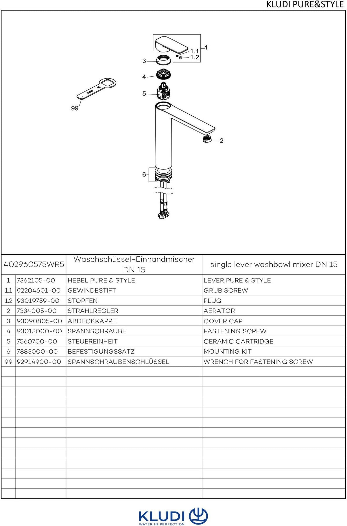 KLUDI PURE & STYLE Waschtisch-Einhandhebelmischer DN 10 mattschwarz – 1-Loch Montage, ohne Ablaufgarnitur