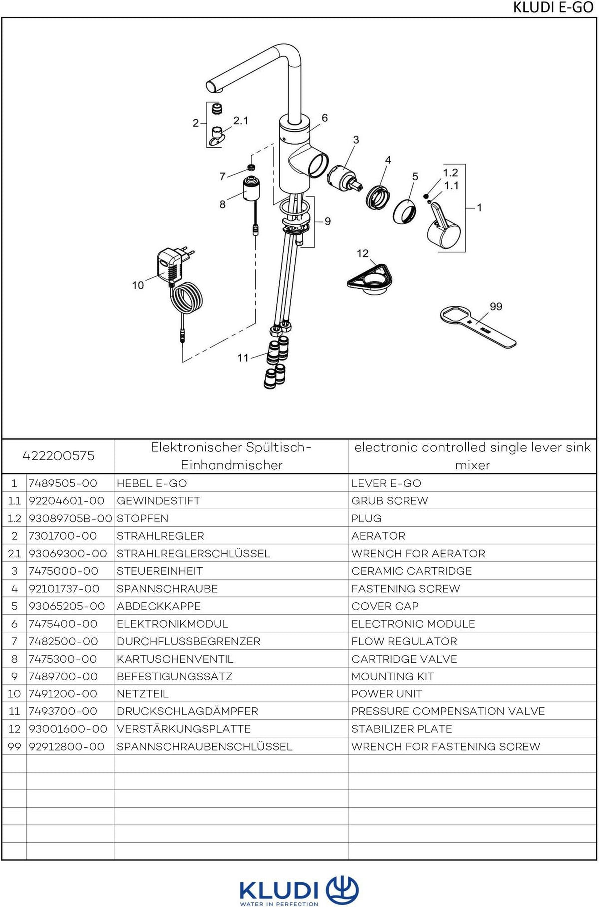 KLUDI E-GO Elektronischer Spültisch-Einhandmischer mit Netzstecker, L-Auslauf Chrom