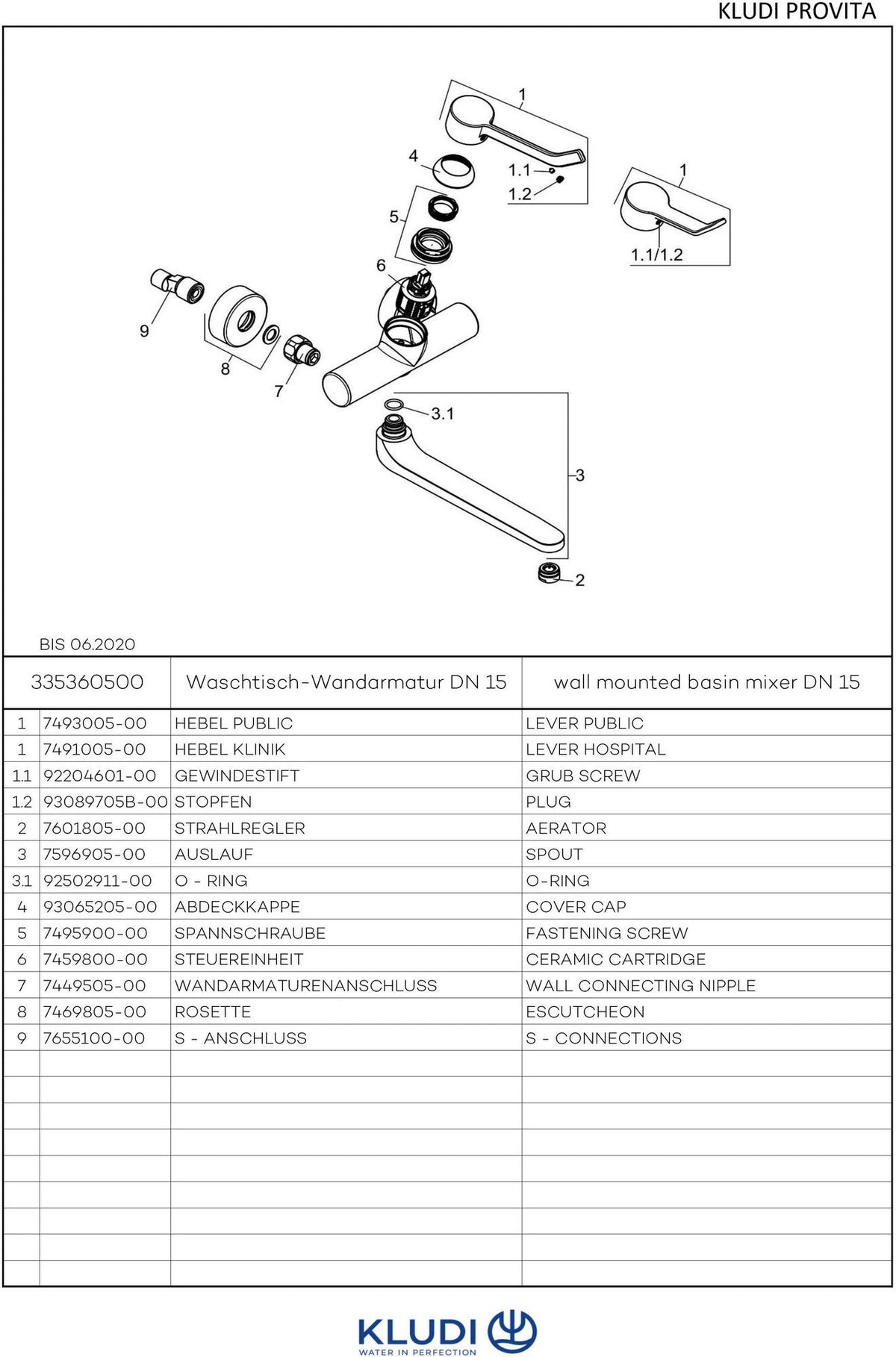 KLUDI PROVITA Wand-Einhandmischer DN 15 ohne Hebel, Ausladung 317 mm, chrom