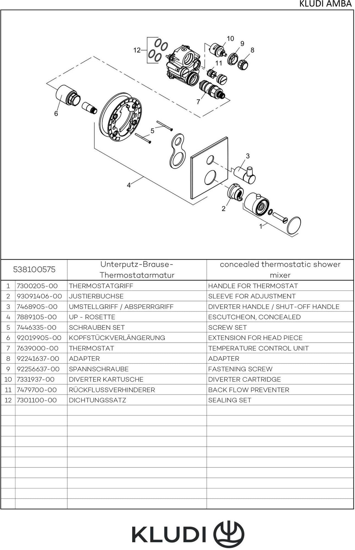 KLUDI AMBA Unterputz-Thermostatarmatur Feinbau-Set mit Absperr- und Umstellventil, chrom