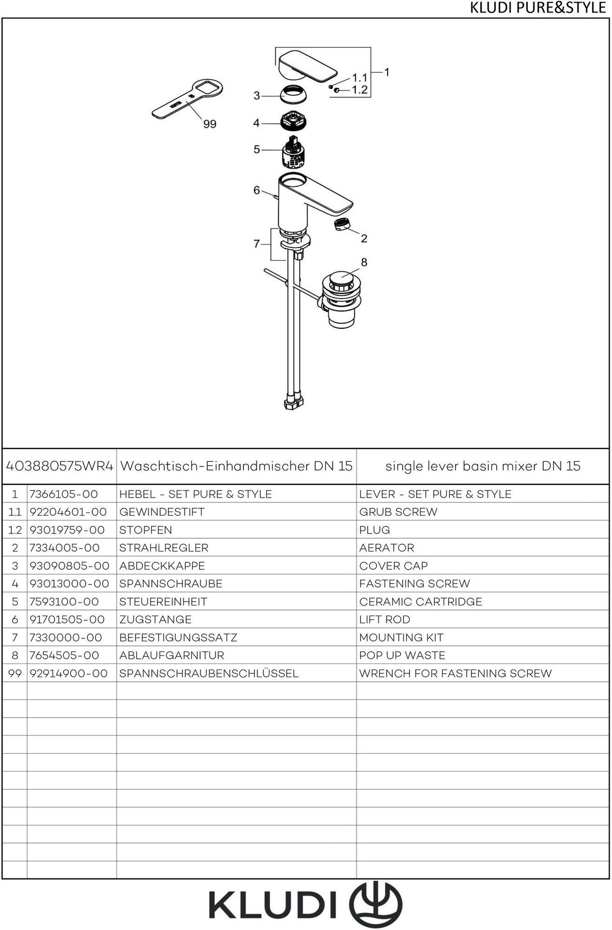 KLUDI PURE & STYLE Waschtisch-Einhandmischer SmartStart mit Metallablaufgarnitur chrom