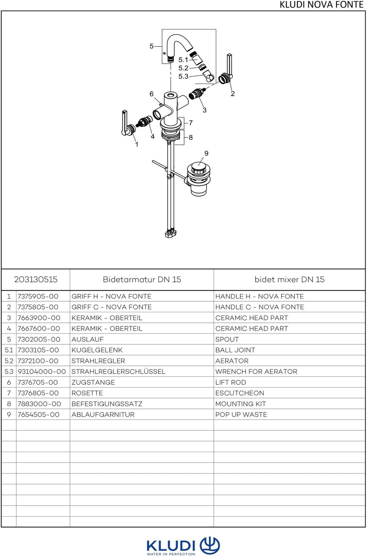 KLUDI NOVA FONTE Bidetarmatur PURISTIC Chrom – 2-Griff, 1-Loch, mit Ablaufgarnitur