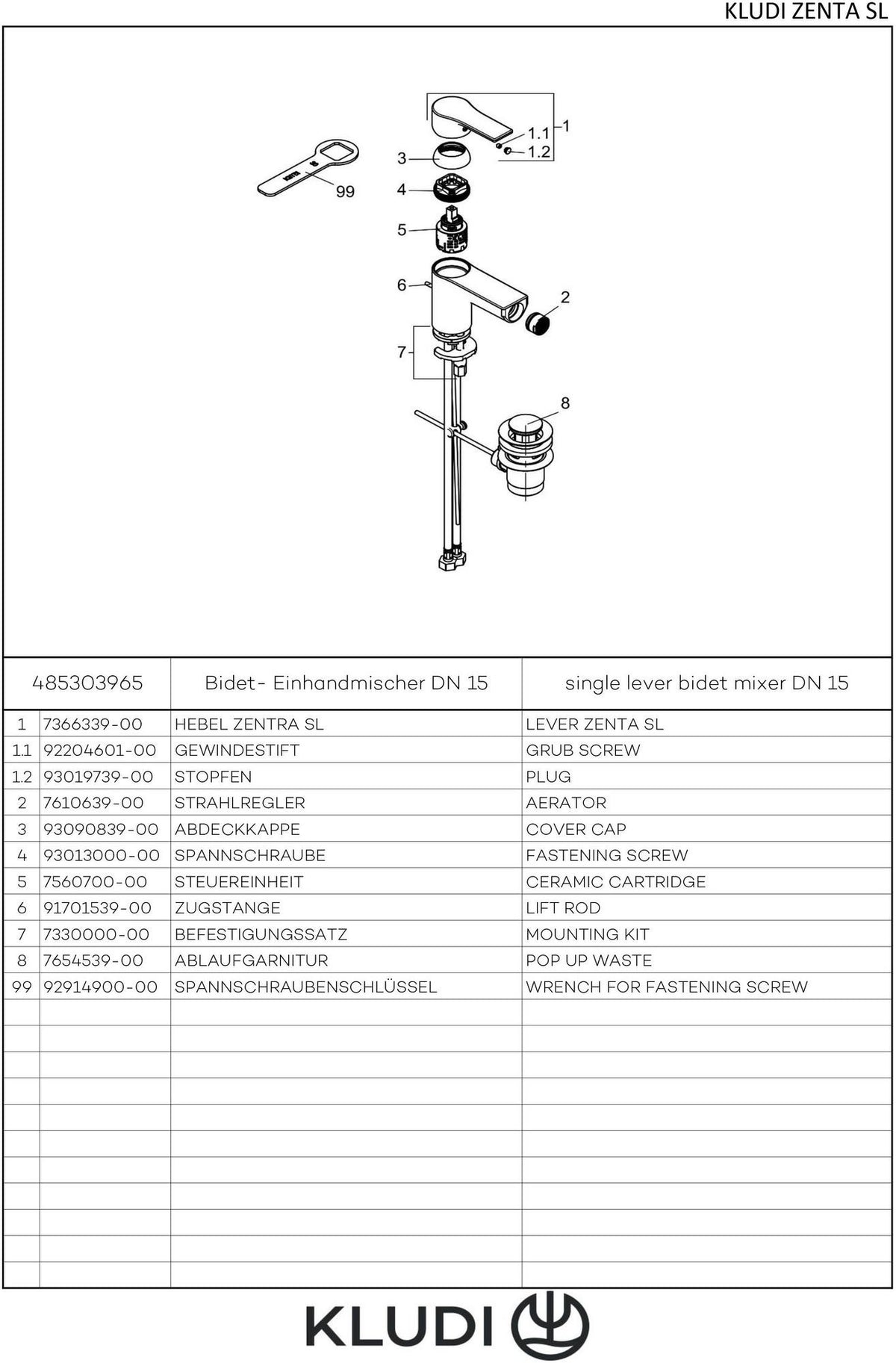 KLUDI ZENTA SL Bidet-Einhandmischer mit Ablaufgarnitur – Chrom, DN 15, Keramik-Kartusche