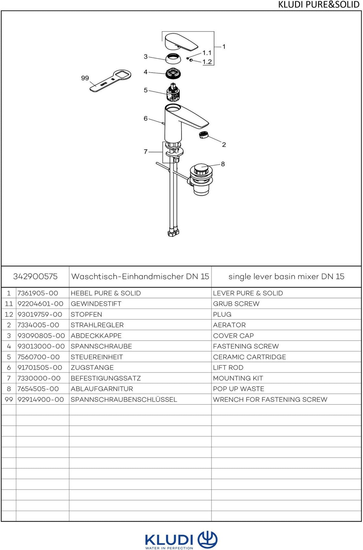 KLUDI PURE & SOLID Waschtisch-Einhandmischer 100 DN 15 mit Metallablaufgarnitur, chrom