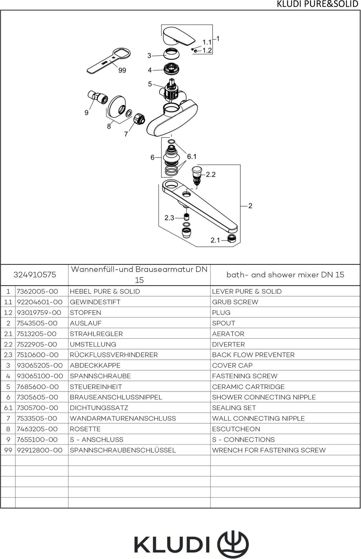 KLUDI PURE&SOLID Wannenfüll- und Brause-Einhandmischer DN 15, Ausladung 310 mm, Chrom – Wandmontage